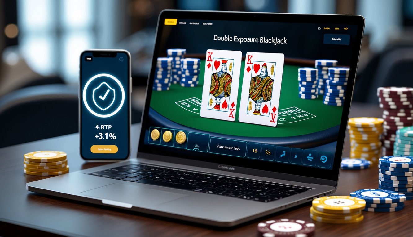 Sebuah laptop dengan meja blackjack digital yang menampilkan dua kartu tumpang tindih, dikelilingi chip kasino dan ponsel yang menunjukkan grafik RTP tinggi.