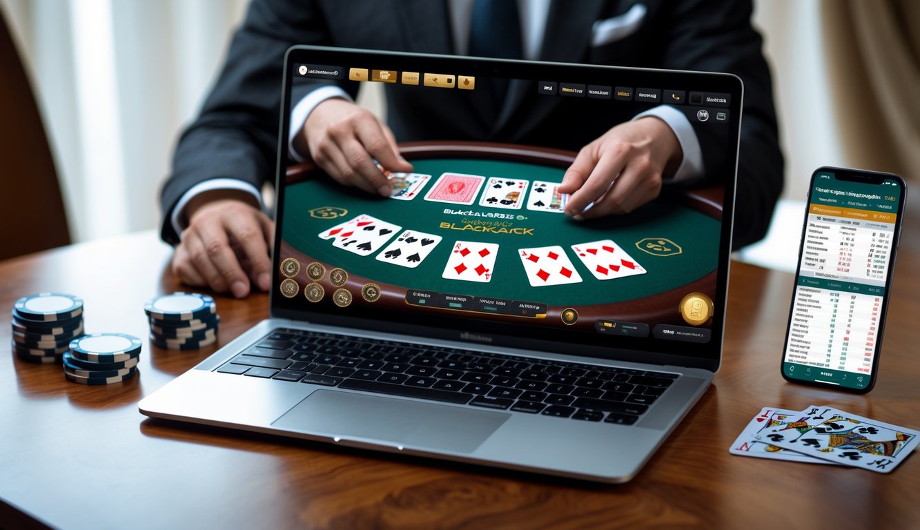 Sebuah laptop menampilkan permainan blackjack online dengan kartu dan chip di meja kayu, dilengkapi gambar transparan tangan dealer membagikan kartu dan kartu blackjack, menunjukkan suasana permainan blackjack online.