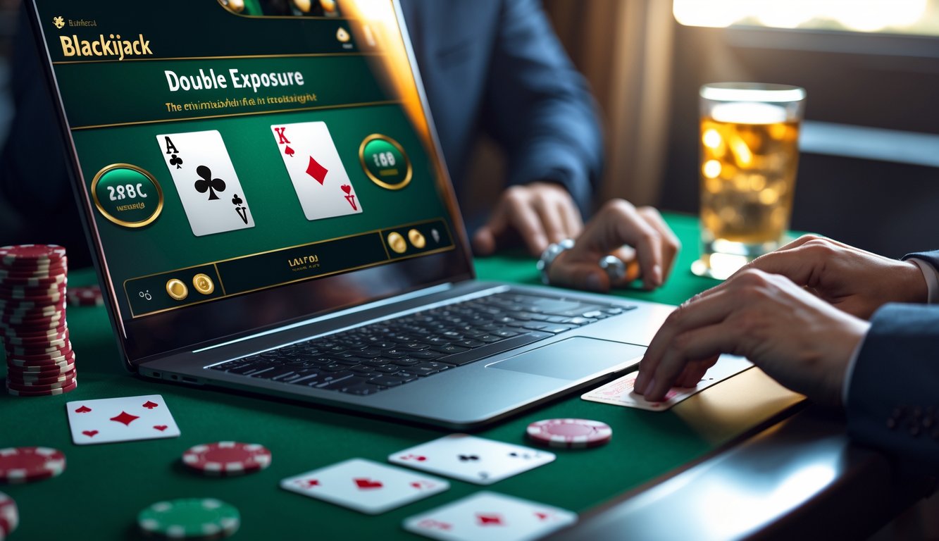 Seorang pemain sedang bermain blackjack online dengan dua kartu dealer terbuka di layar komputer, dikelilingi oleh chip dan kartu remi.