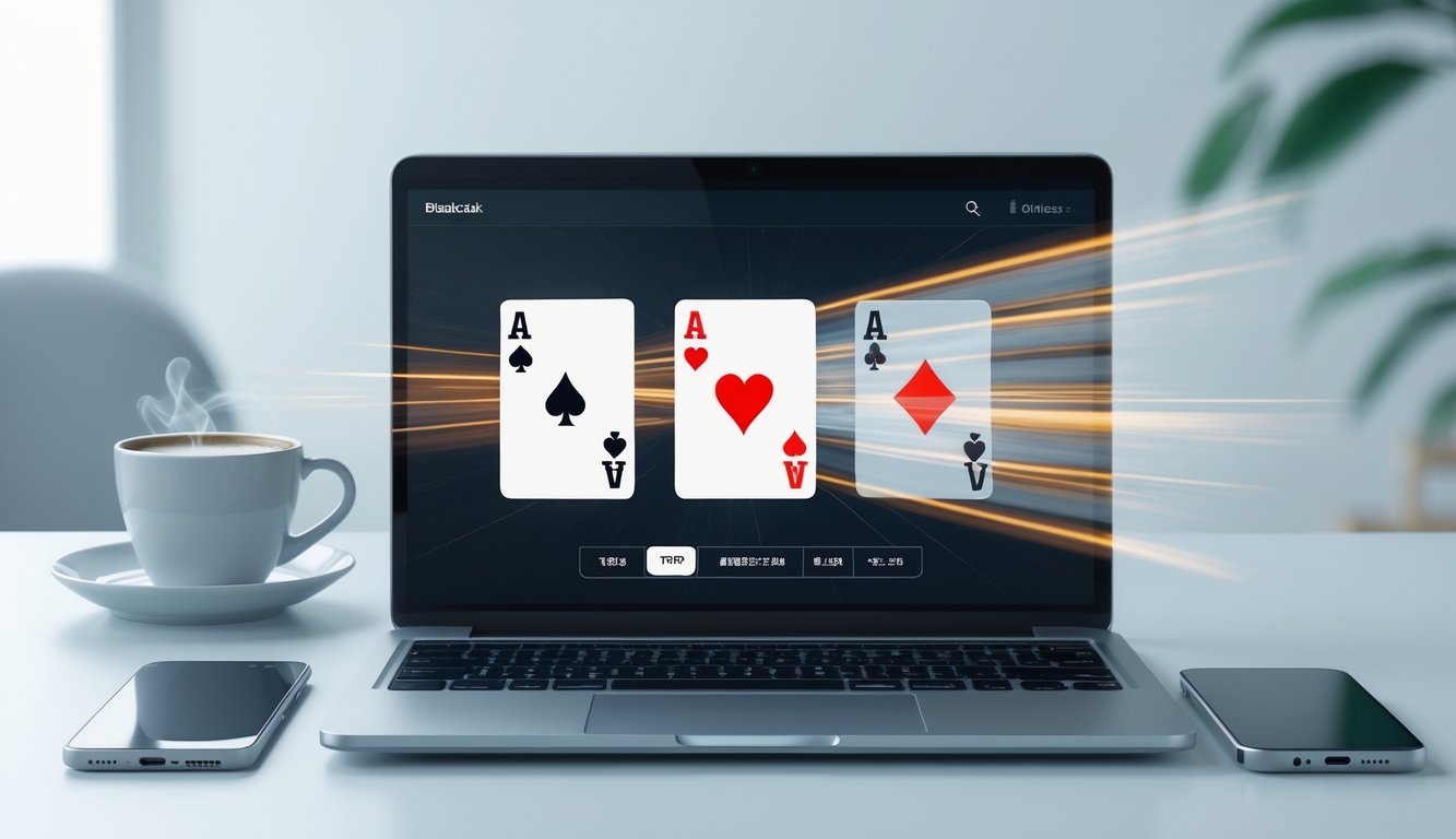 Seorang pengguna bermain blackjack online di laptop dengan latar belakang meja kerja minimalis dan perangkat teknologi di sekitar.
