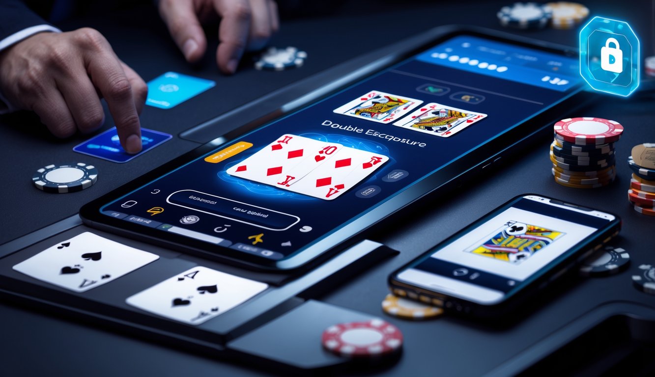 Tampilan layar komputer dengan permainan blackjack online dan ikon pembayaran digital di sekitarnya.