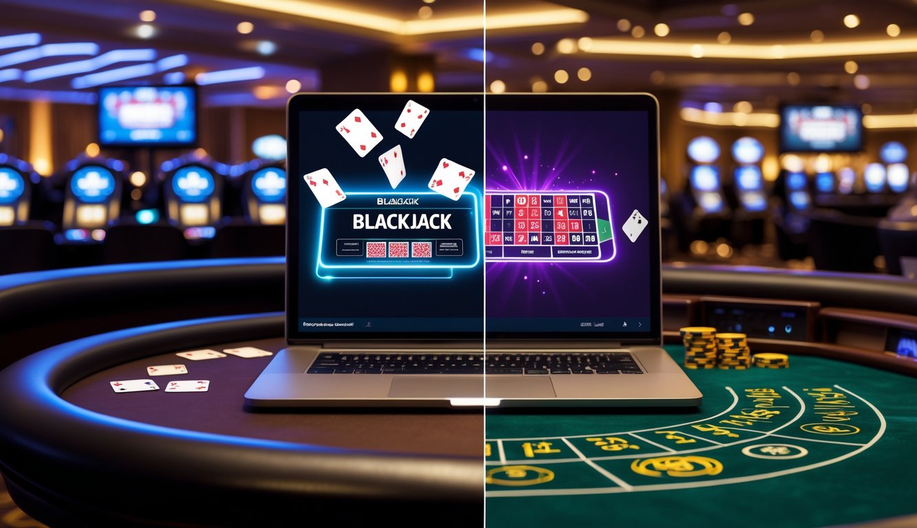 Meja blackjack dengan kartu dan chip, sebelah kiri layar laptop dengan permainan blackjack online, sebelah kanan meja blackjack klasik di kasino.