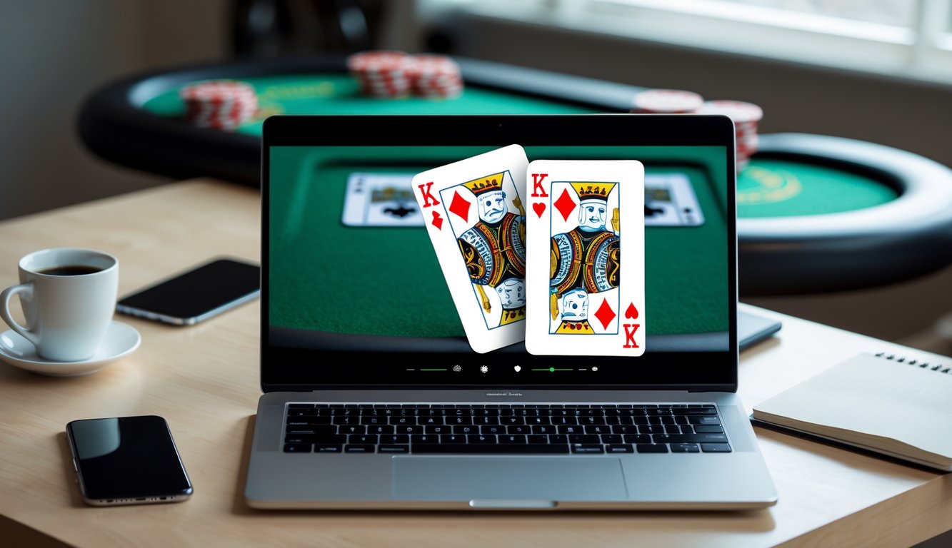 Seorang laptop menampilkan permainan blackjack online dengan dua kartu yang tumpang tindih, di atas meja kayu dengan cangkir kopi dan ponsel, latar belakang meja blackjack klasik terlihat samar.