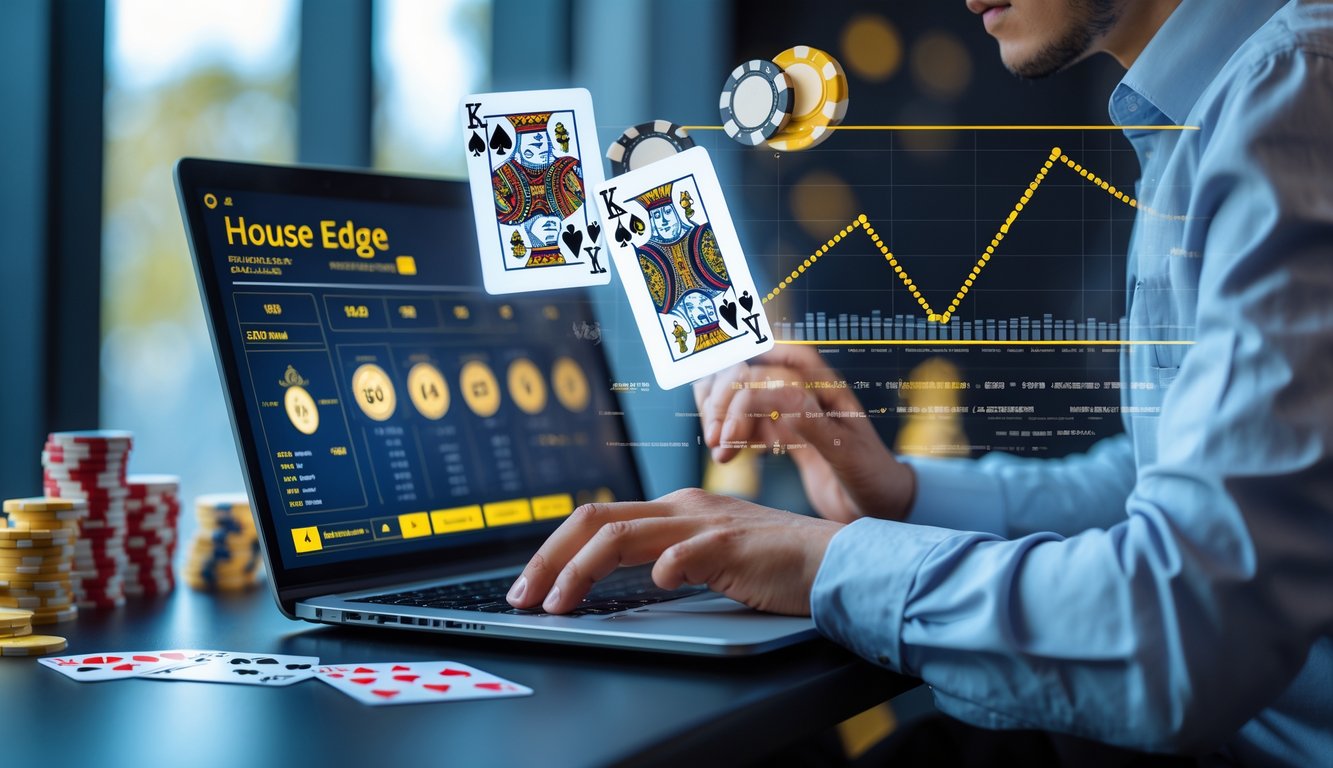 Seorang pemain blackjack online yang fokus menganalisis permainan dengan kartu, chip, dan grafik statistik di layar komputer.