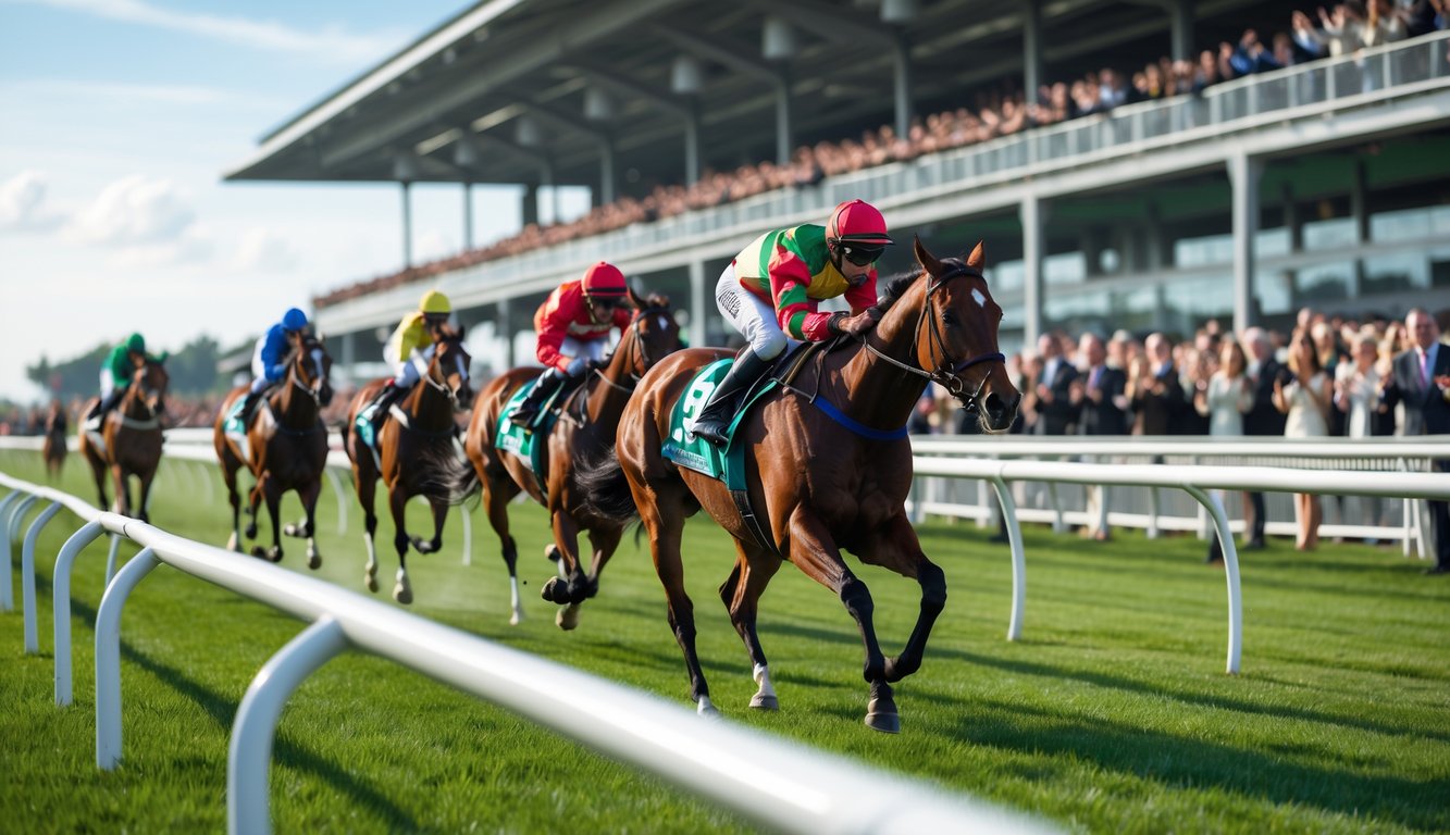 Beberapa kuda pacuan sedang berlari cepat di lintasan dengan joki mengenakan pakaian berwarna-warni, di depan kerumunan penonton yang antusias.