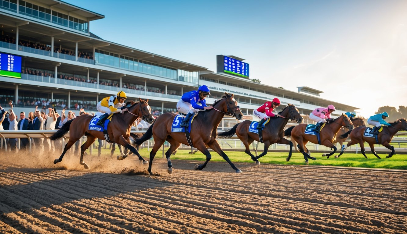 Beberapa kuda pacuan dengan joki sedang berlari cepat di lintasan pacuan kuda dengan penonton di tribun.
