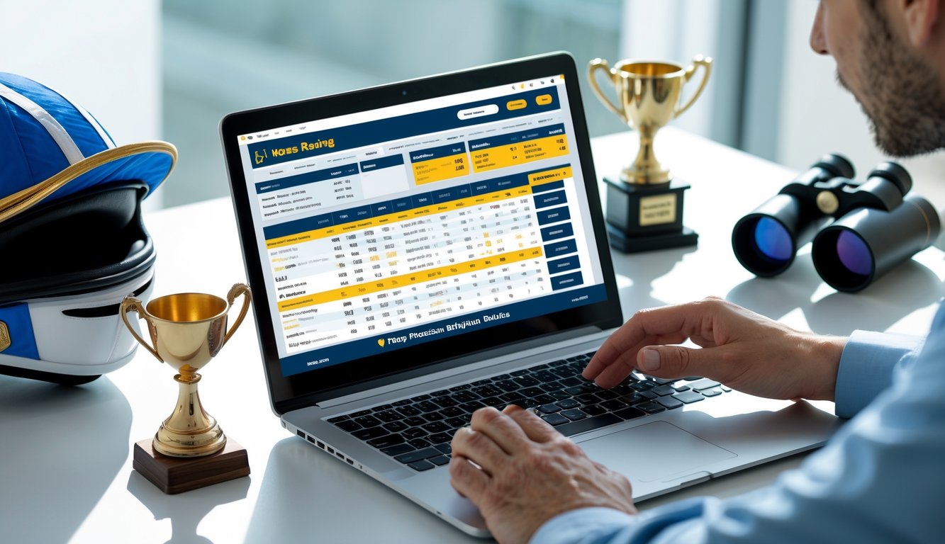 Meja kerja dengan laptop yang menampilkan situs pacuan kuda, dilengkapi helm joki dan trofi kecil, tangan seseorang sedang menggunakan laptop.