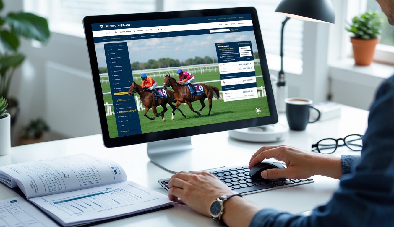 Seseorang menggunakan komputer dengan tampilan situs pacuan kuda online, di meja terdapat buku panduan dan suasana ruang belajar yang terang.