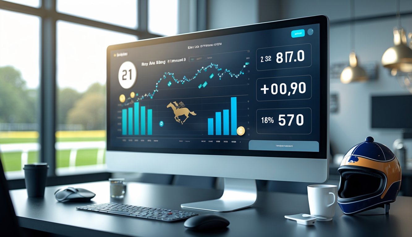 Layar komputer menampilkan grafik dan data pacuan kuda dengan latar kantor modern.