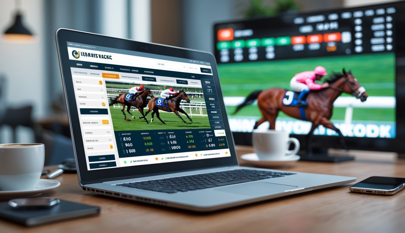 Seseorang menggunakan komputer dengan tampilan situs pacuan kuda online resmi menampilkan peluang taruhan tertinggi, dengan latar belakang balapan kuda di layar televisi.