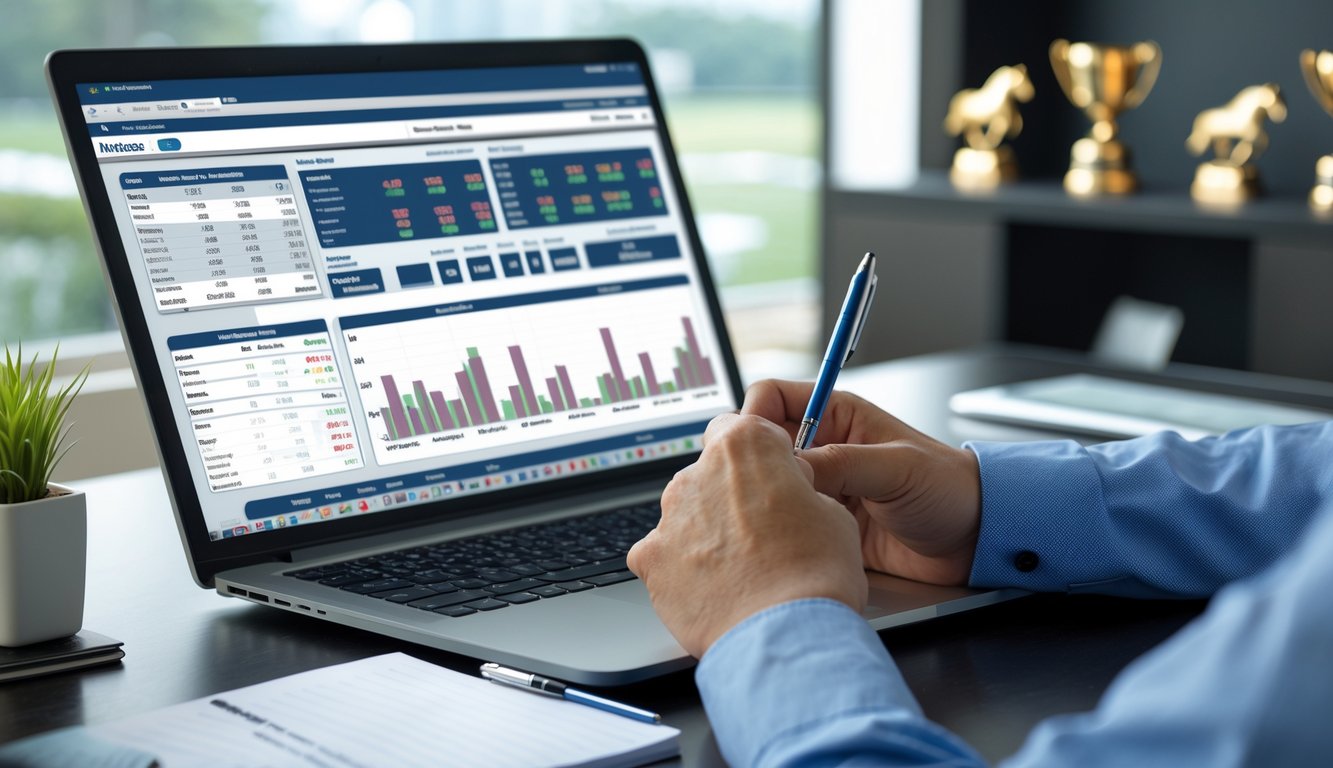 Seseorang sedang menganalisis data pacuan kuda online di depan laptop dengan grafik dan catatan di meja.