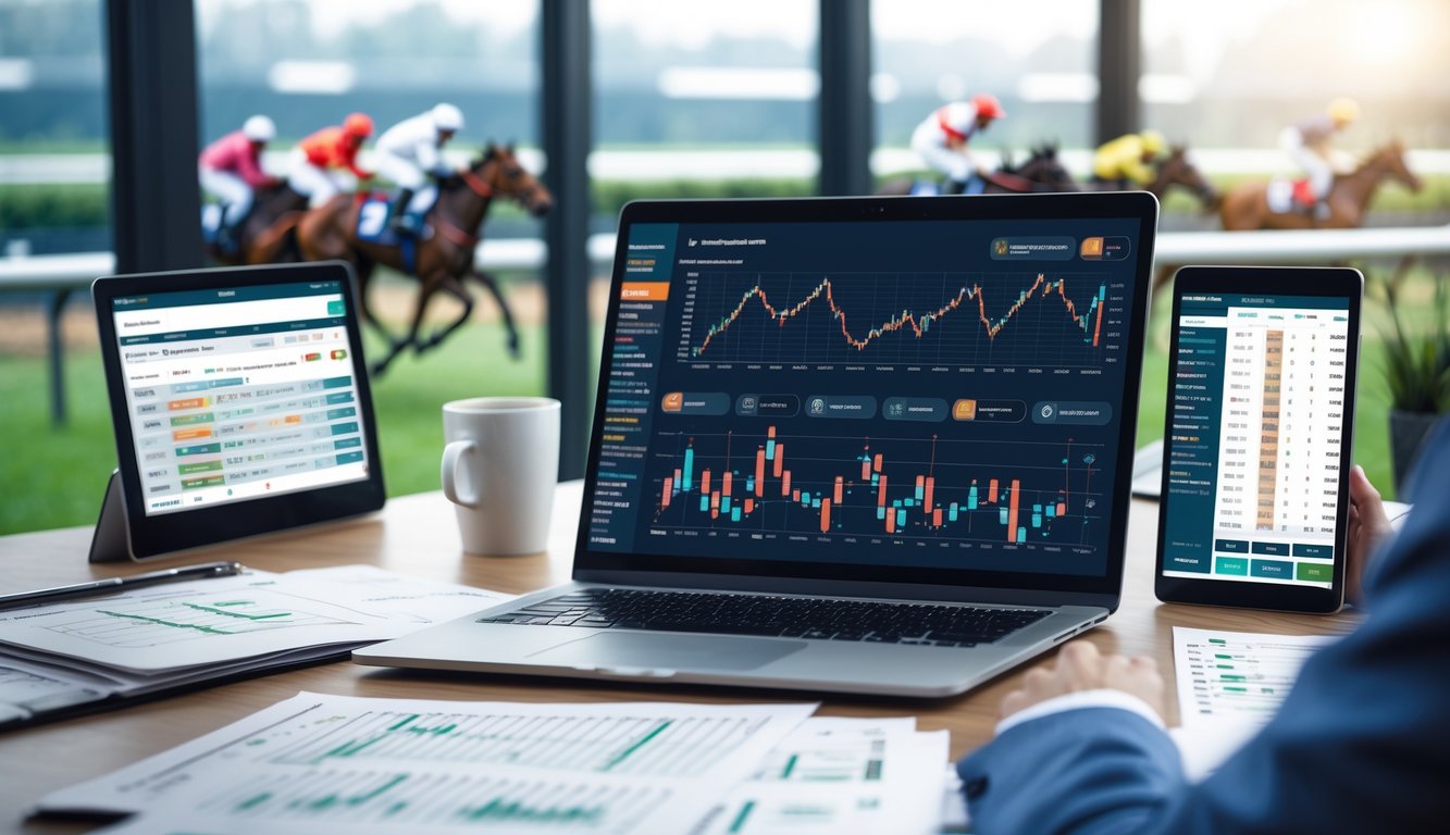 Seorang profesional menggunakan laptop dan perangkat digital untuk menganalisis data pacuan kuda secara online di ruang kerja modern.