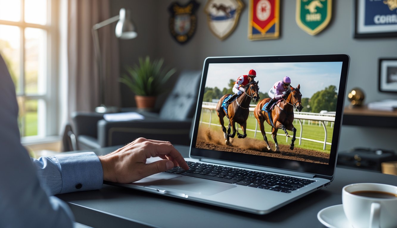 Seseorang menonton siaran langsung pacuan kuda online di laptop di ruangan yang nyaman.