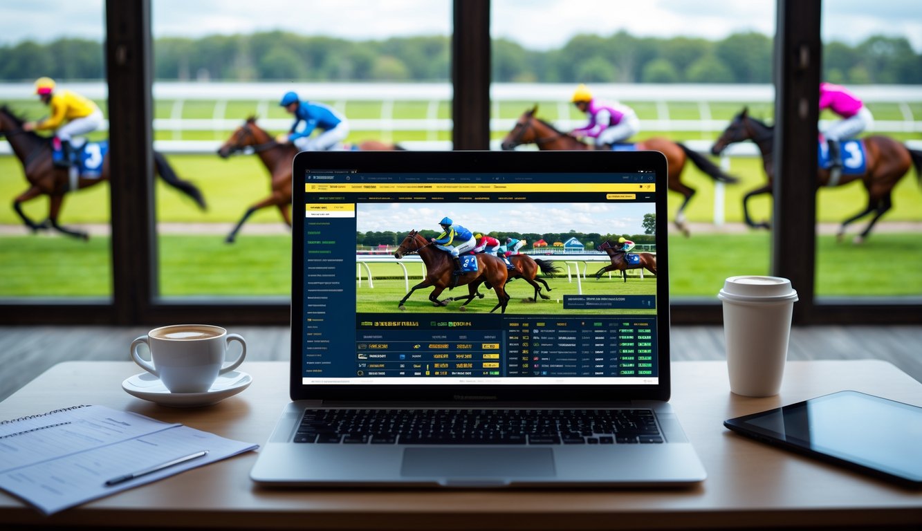 Seorang pria sedang menggunakan laptop di meja kerja dengan layar menampilkan situs pacuan kuda, latar belakang menunjukkan kuda-kuda berlari di lintasan pacuan.