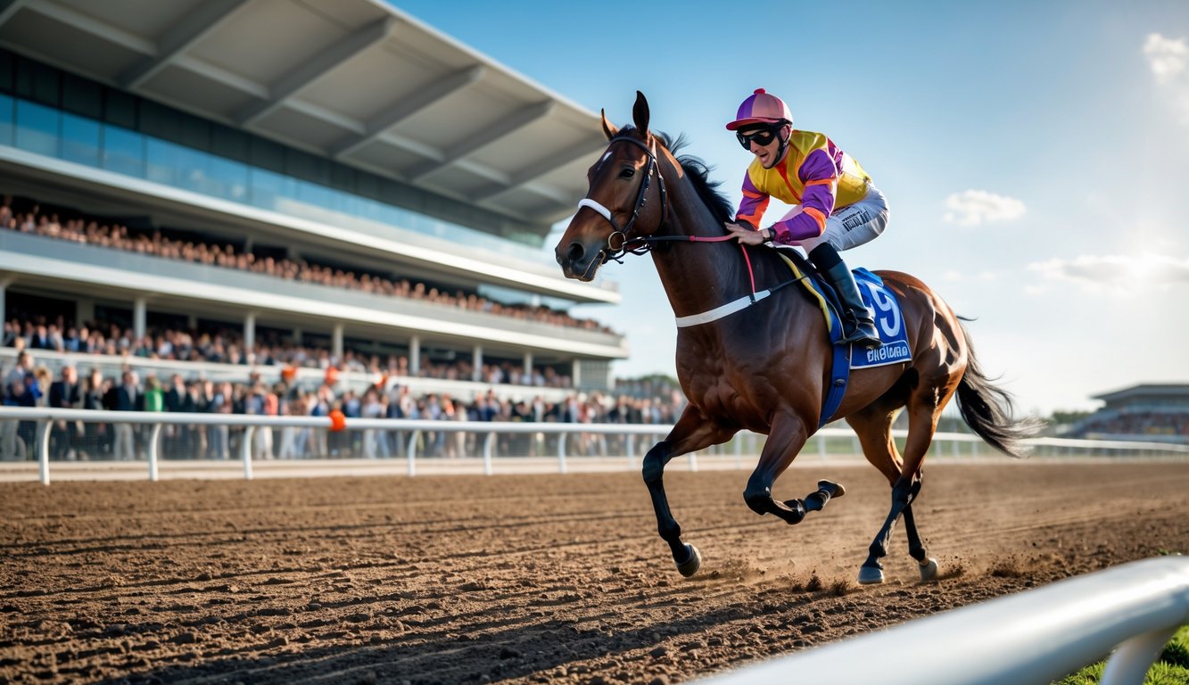 Seekor kuda pacuan berlari kencang dengan joki di atasnya di lintasan pacuan kuda, latar belakang tribun penonton dan langit cerah.