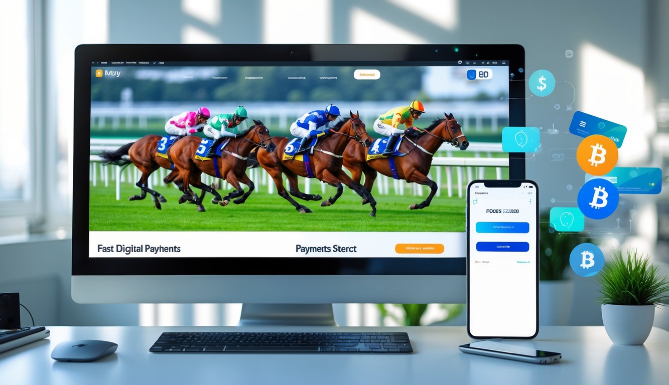 Seorang pengguna melihat balapan kuda online di komputer dengan layar menampilkan kuda dan joki berlomba di lintasan hijau, serta elemen yang menunjukkan pembayaran cepat digital.