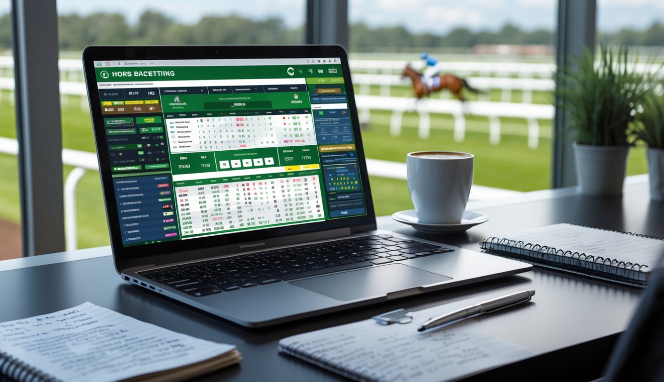 Seorang pria duduk di meja kerja dengan laptop yang menampilkan situs taruhan pacuan kuda, buku catatan, dan ponsel yang menunjukkan balapan kuda secara langsung.