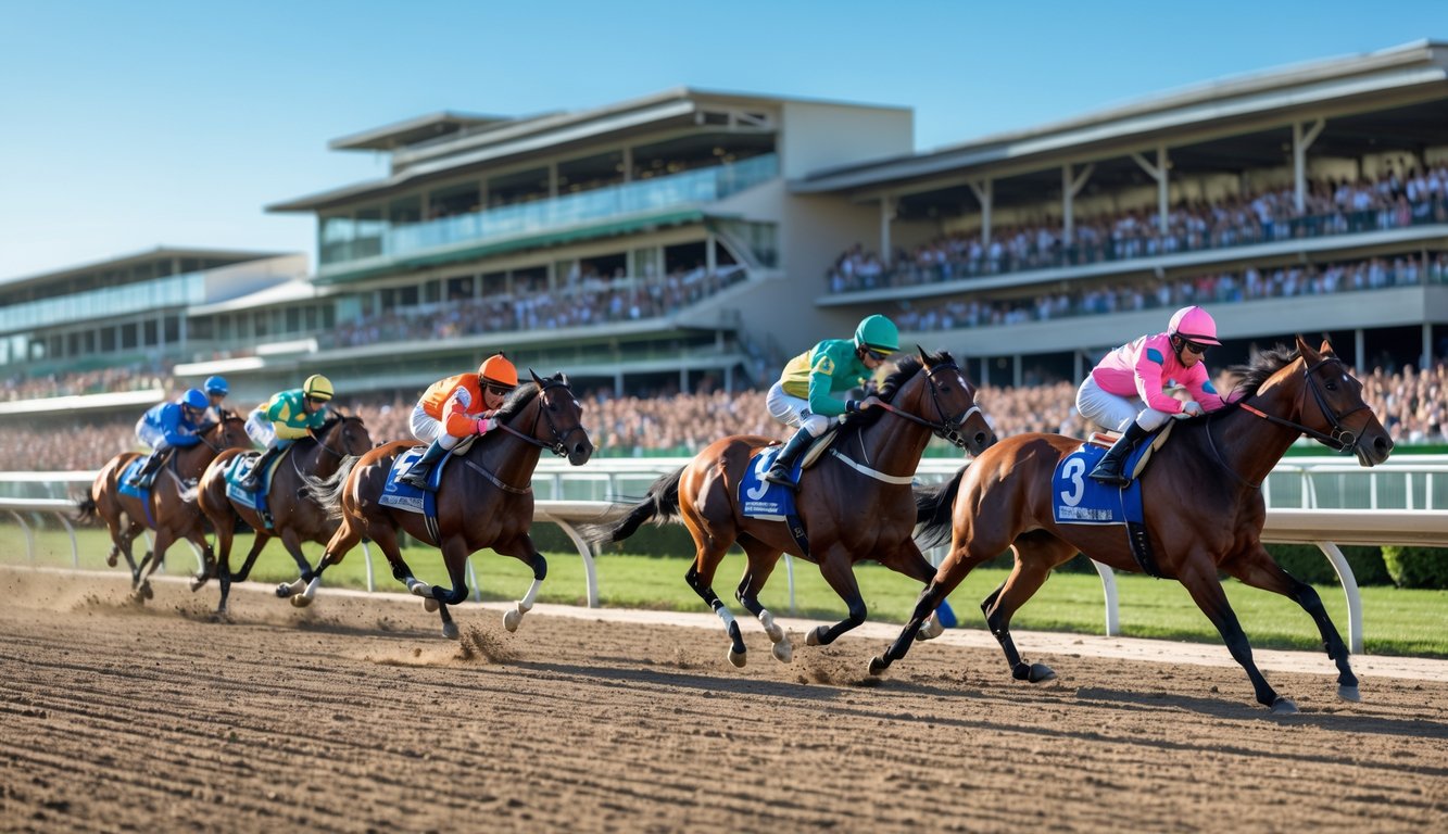 Beberapa kuda pacuan dengan joki sedang berlari di lintasan pacuan kuda dengan tribun penonton di latar belakang.