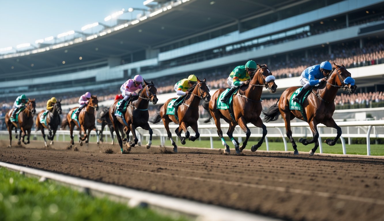 Beberapa kuda pacuan berlari kencang di lintasan dengan joki mengenakan pakaian balap berwarna-warni, di latar belakang stadion besar penuh penonton.