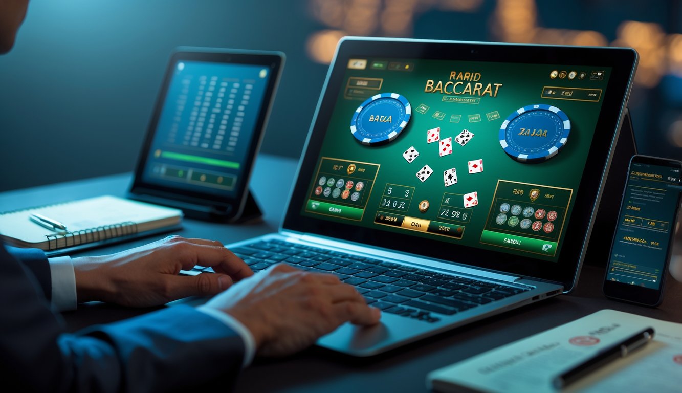 Seorang pemain sedang fokus bermain permainan Baccarat online di depan layar komputer dengan kartu dan chip terlihat.