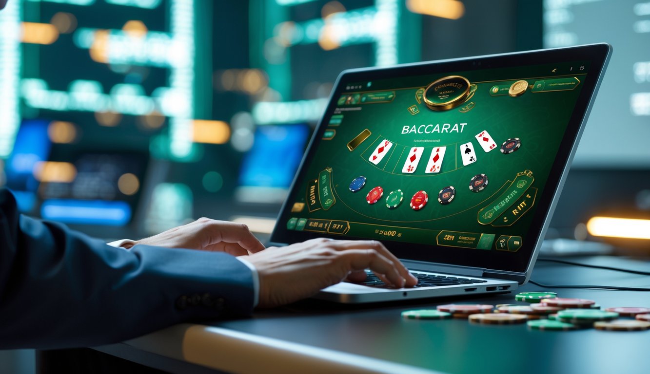 Seorang pemain menggunakan komputer untuk bermain baccarat online dengan tampilan kartu dan chip di layar.