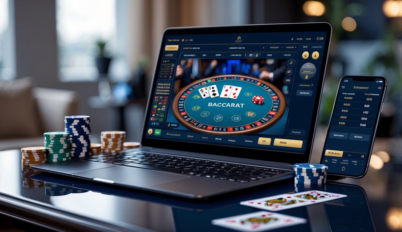 Seorang pemain menggunakan laptop dengan tampilan permainan baccarat online dan beberapa chip serta kartu di meja dalam ruangan yang terang.