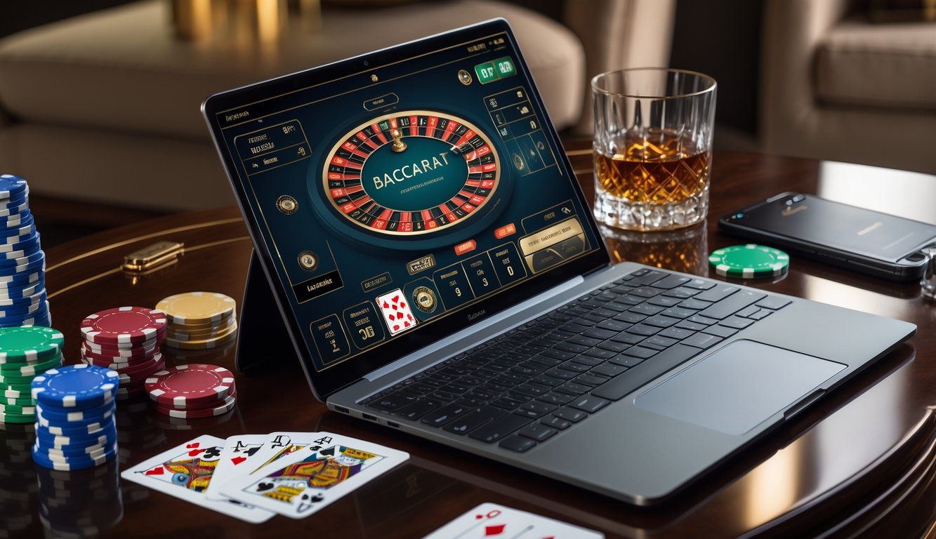 Sebuah laptop modern dengan permainan baccarat online, dikelilingi oleh chip poker, kartu remi, dan gelas minuman di atas meja kayu.