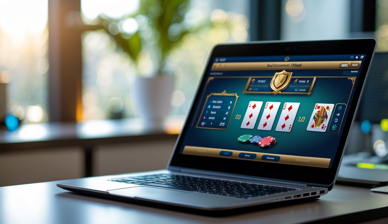 Seorang pengguna sedang bermain baccarat online di komputer dengan suasana ruang kerja modern dan pencahayaan alami.