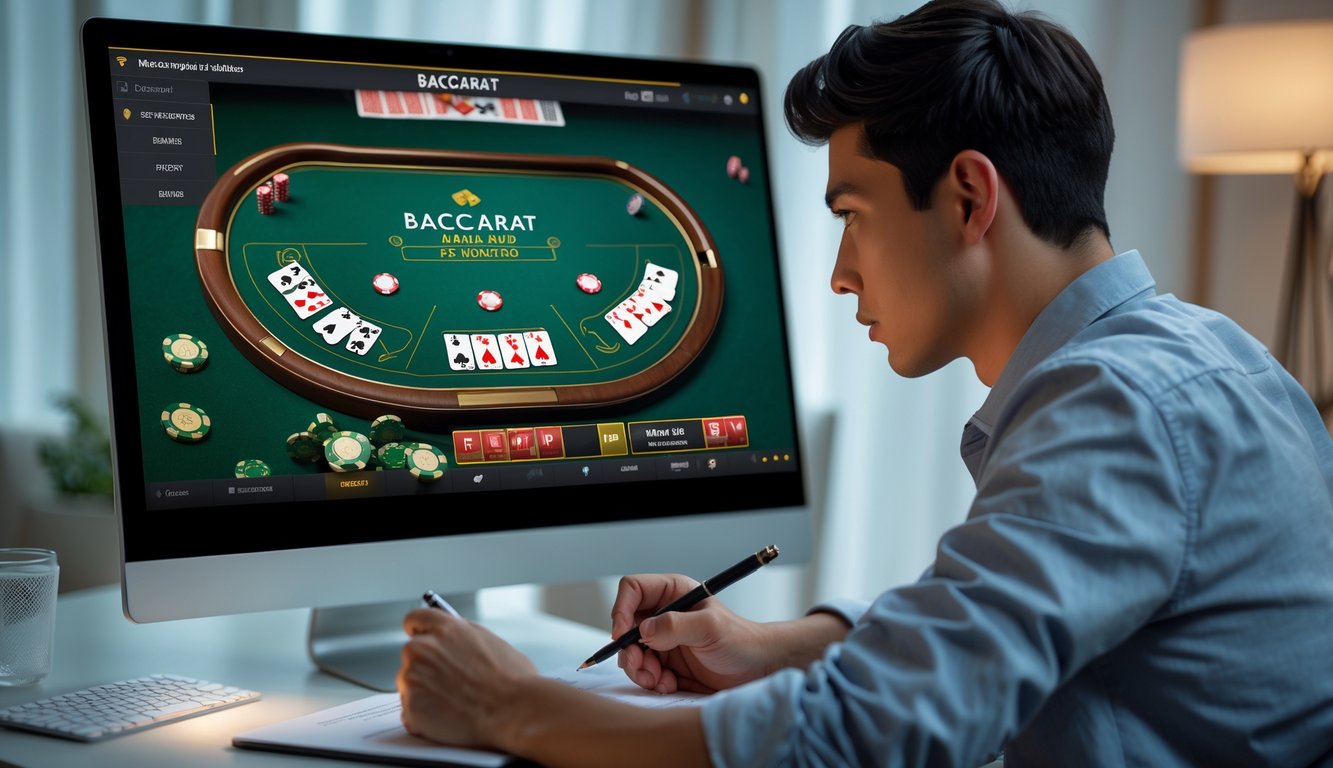 Seorang pemain muda duduk di depan komputer dengan tampilan permainan baccarat online di layar, sedang mencatat dan fokus bermain.