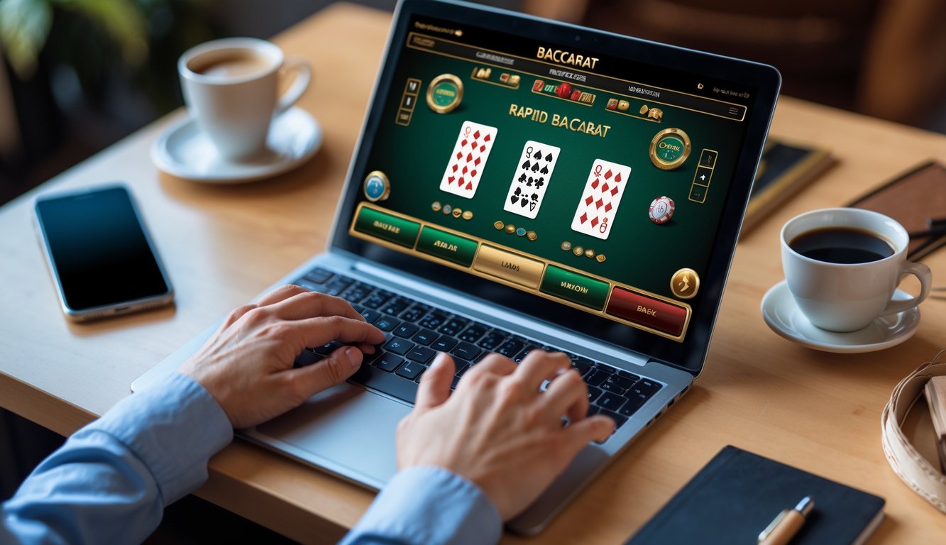 Seorang pemula sedang bermain Rapid Baccarat online di laptop dengan tangan yang fokus dan beberapa alat tulis serta minuman di sekitar.