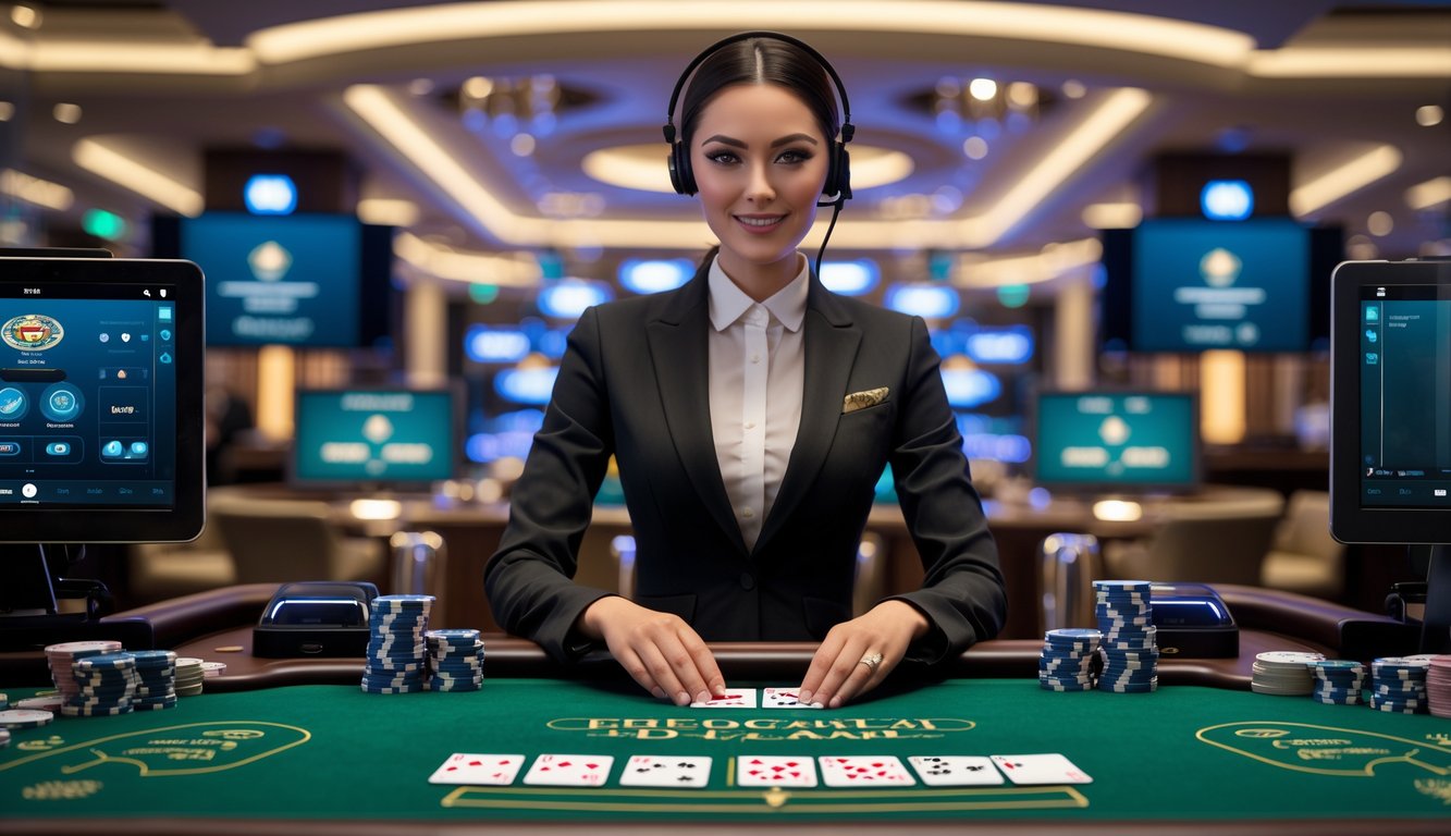 Seorang dealer wanita sedang membagikan kartu baccarat di meja kasino dengan kamera dan monitor di sekitarnya untuk siaran langsung.