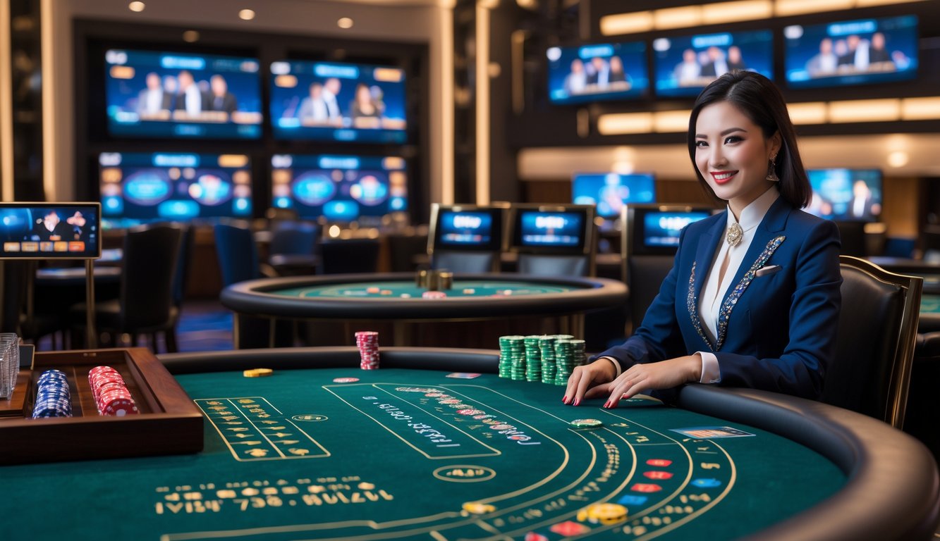 Seorang dealer profesional sedang memimpin permainan baccarat di meja kasino dengan layar yang menampilkan siaran langsung permainan.