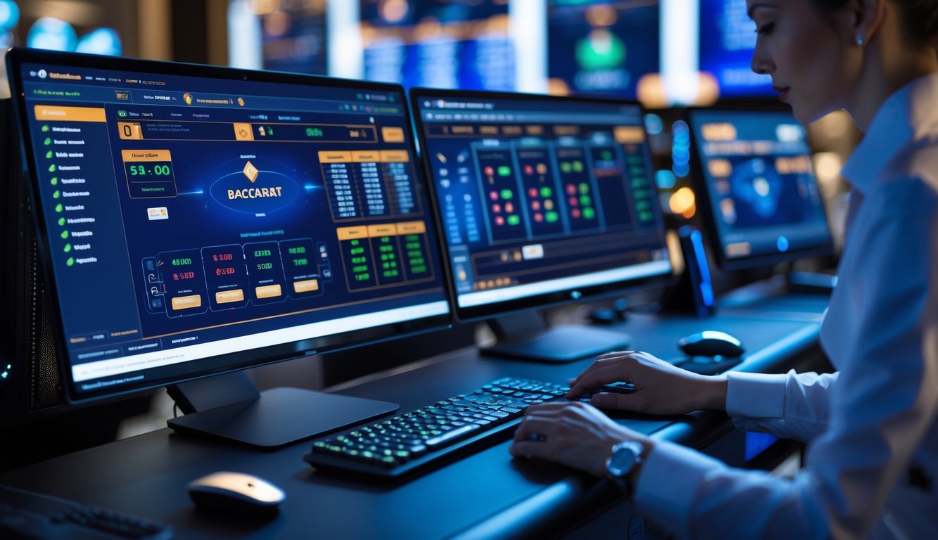 Seorang pemain fokus menggunakan komputer dengan beberapa layar yang menampilkan permainan baccarat online yang cepat dan stabil.