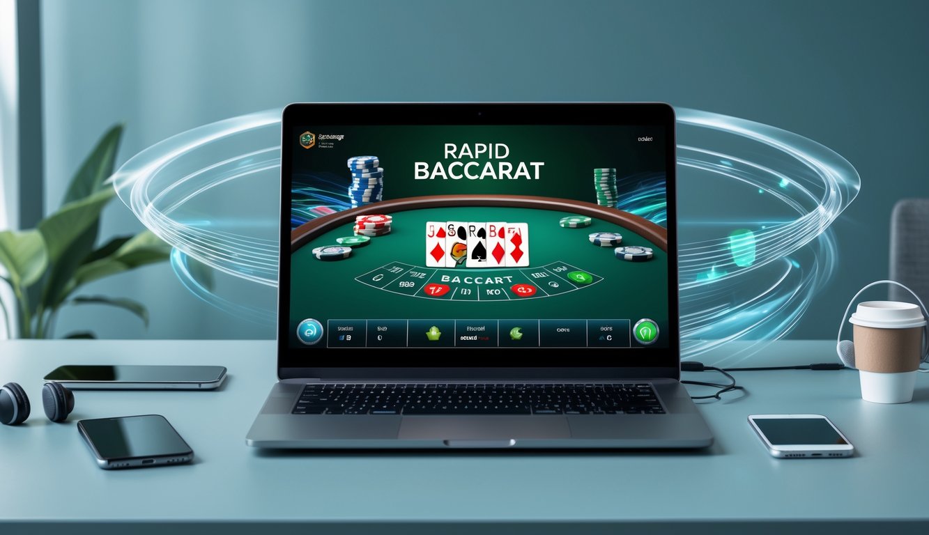 Seorang pengguna sedang bermain permainan baccarat online di laptop dengan tampilan antarmuka permainan yang jelas dan lingkungan kerja yang rapi.