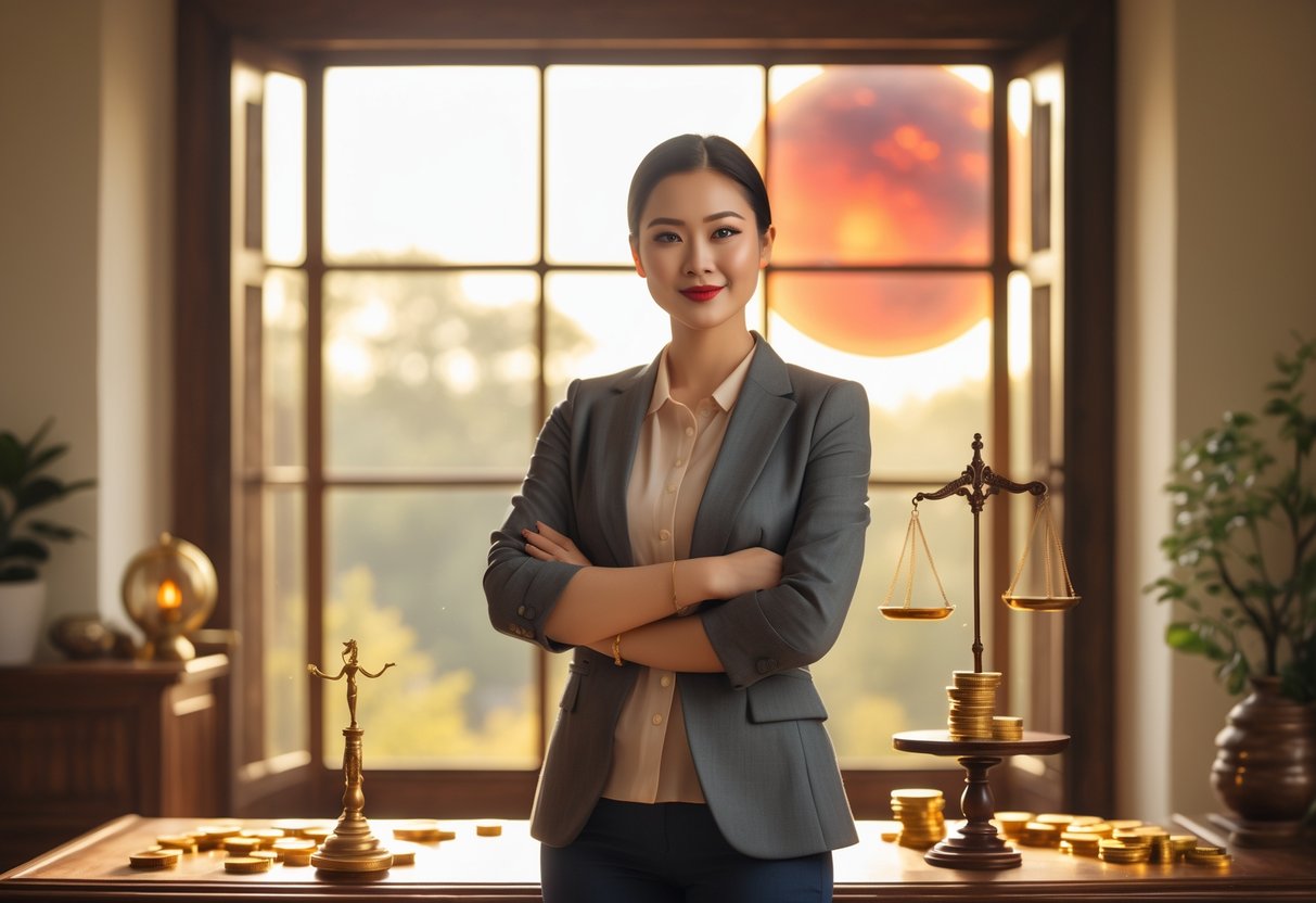 A confident person standing in a sunlit room with symbols of personal value and stability, including gold coins and a glowing red planet visible through a window.