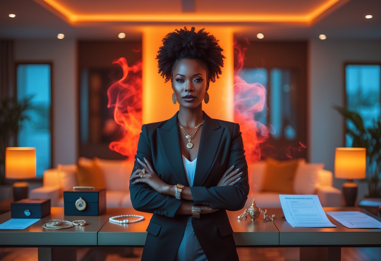 A confident person standing in a stylish living room surrounded by symbols of personal wealth and security, with warm lighting highlighting their presence.