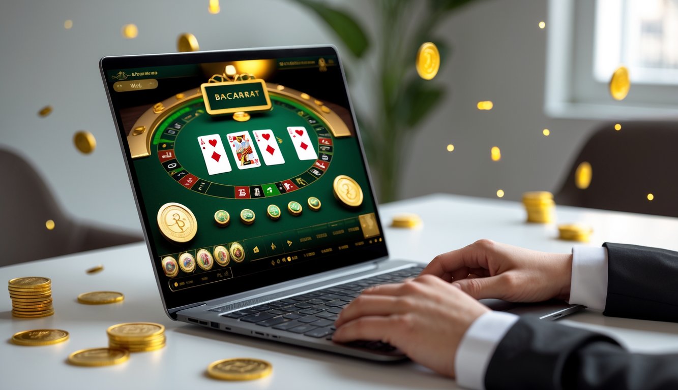 Seseorang bermain permainan baccarat online di komputer dengan latar meja yang rapi dan elemen koin emas di sekitar.