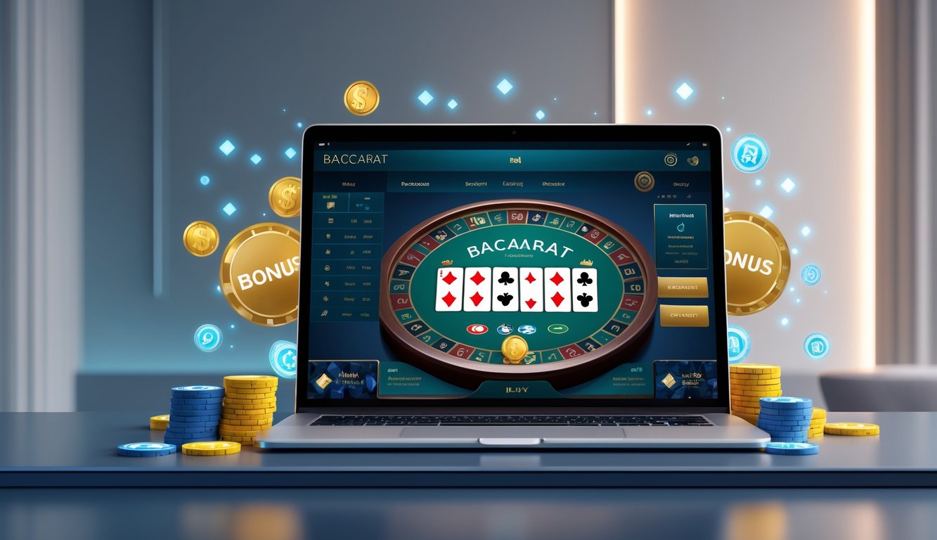 Seseorang bermain permainan baccarat online di komputer dengan chip dan kartu terlihat di layar.
