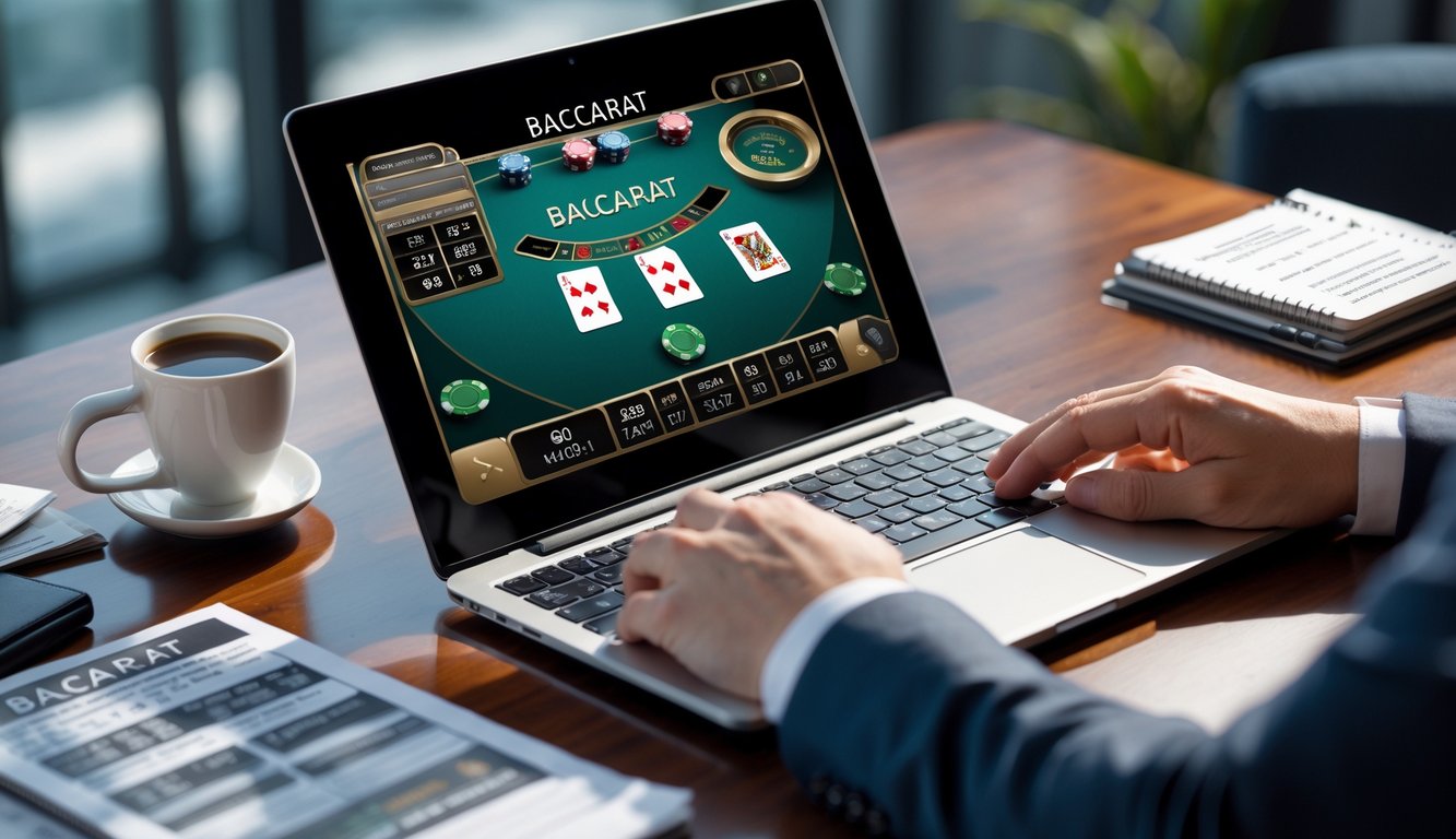 Meja kerja dengan laptop yang menampilkan permainan baccarat online, catatan strategi, dan secangkir kopi.