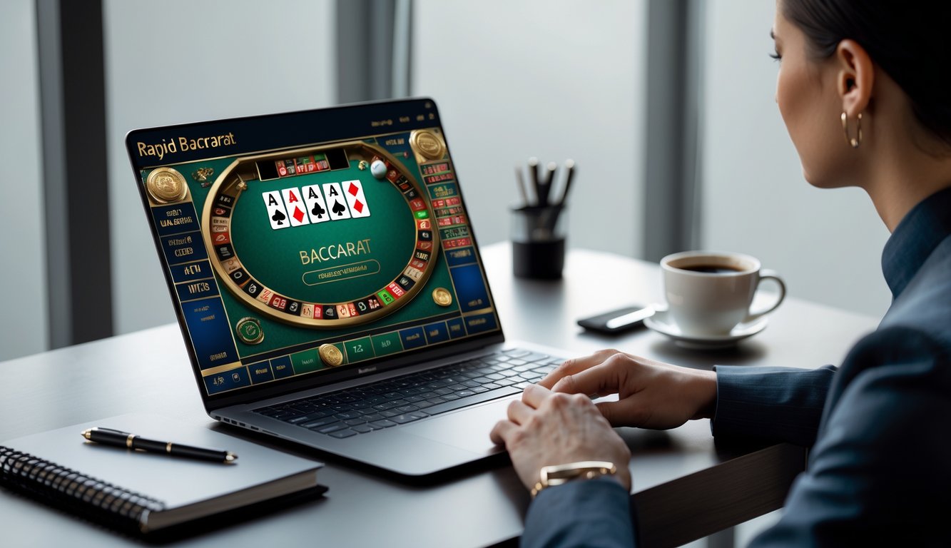 Seseorang sedang menggunakan komputer dengan tampilan permainan baccarat online dan peralatan kerja di meja.