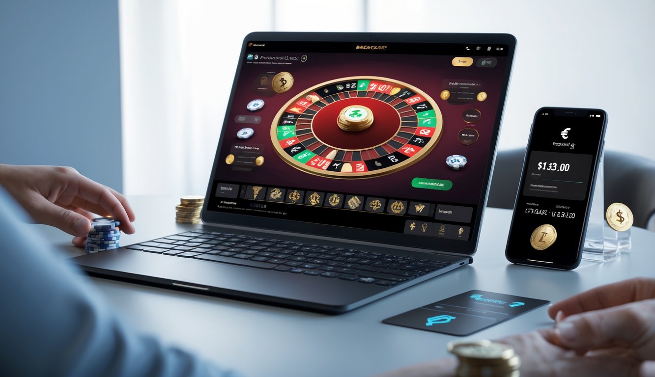 Seorang pengguna bermain baccarat online di laptop dengan kartu dan chip terlihat di layar, dikelilingi oleh simbol pembayaran digital.