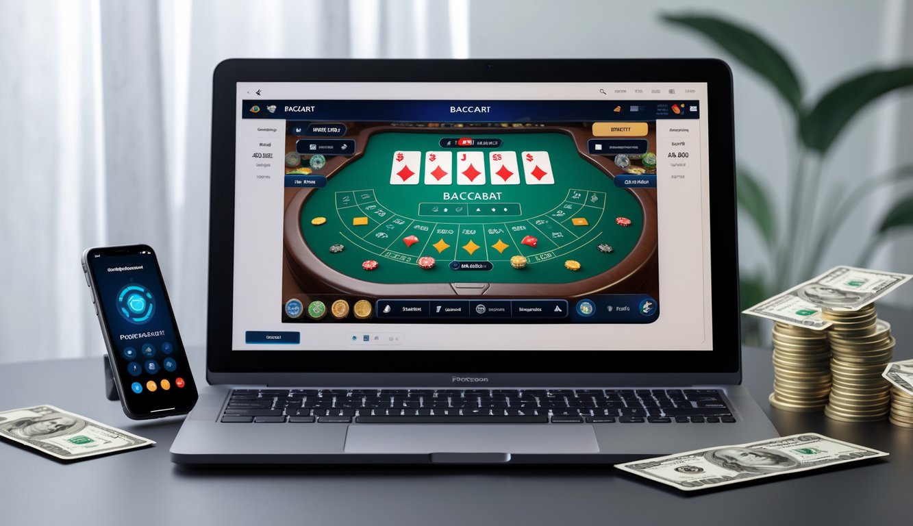 Seorang pemain menggunakan laptop untuk bermain Rapid Baccarat online dengan uang asli, dikelilingi oleh ponsel dan kartu kredit sebagai simbol kemudahan deposit.