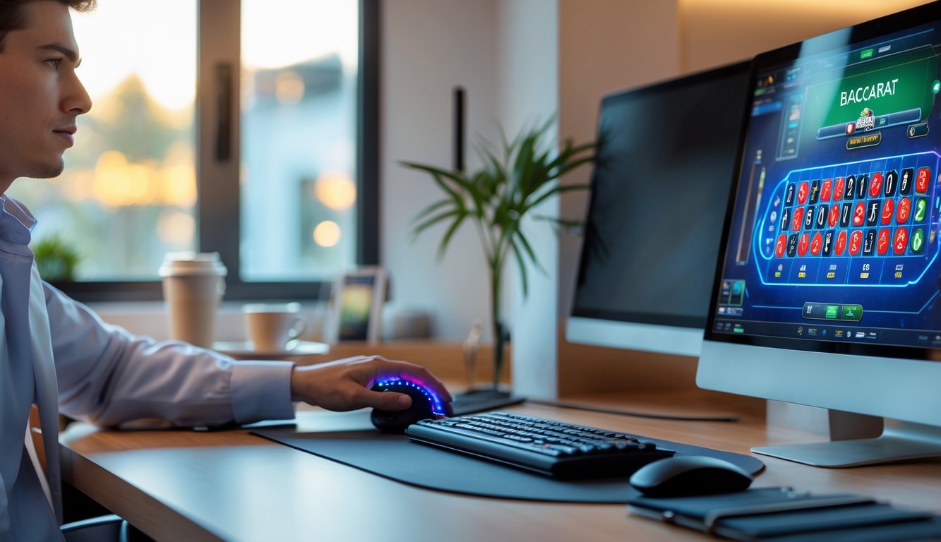Seorang pemain muda sedang bermain baccarat online dengan cepat di depan komputer di ruang kerja modern.