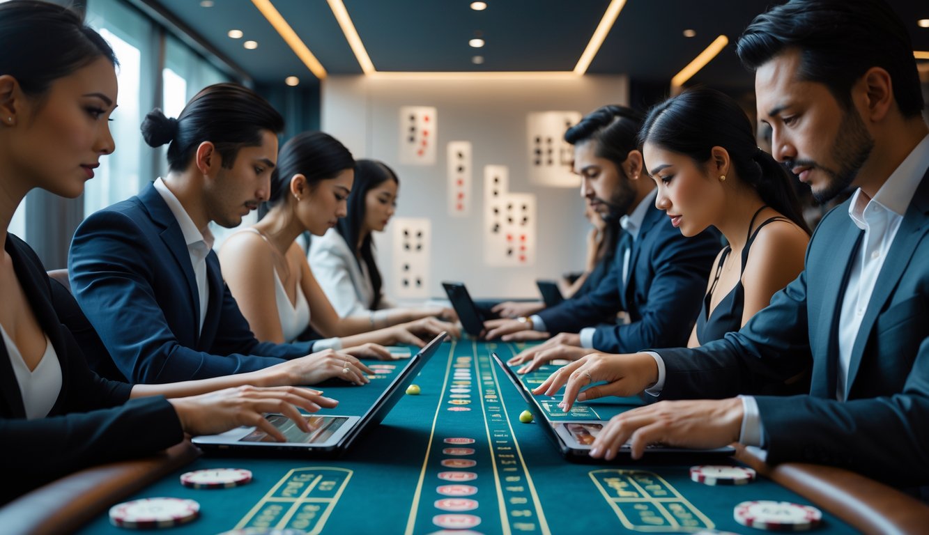 Beberapa pemain fokus bermain baccarat online cepat menggunakan laptop dan tablet di lingkungan modern dengan elemen kartu dan chip kasino.