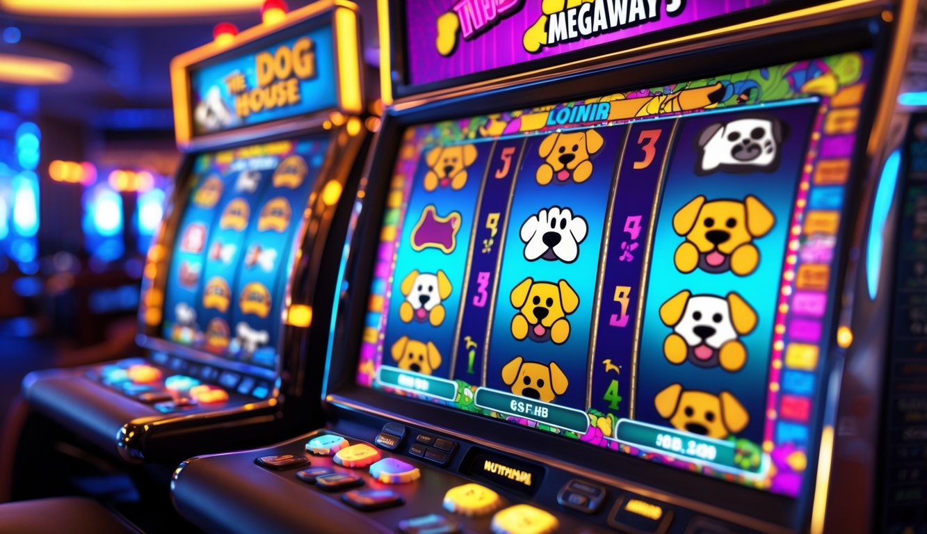 Mesin slot bertema anjing dengan simbol tulang dan jejak kaki di latar kasino yang terang dan modern