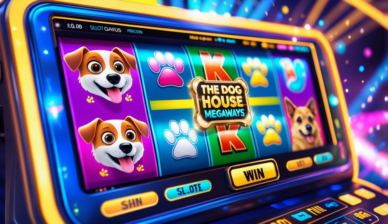 Tampilan layar mesin slot digital dengan tema anjing yang cerah dan menarik, menampilkan karakter anjing dan ikon bermain yang menyenangkan.