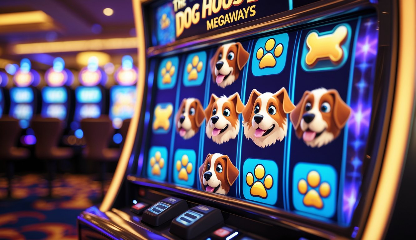 Layar mesin slot menampilkan simbol anjing dan tulang yang menang dengan latar belakang kasino yang terang dan bersemangat.