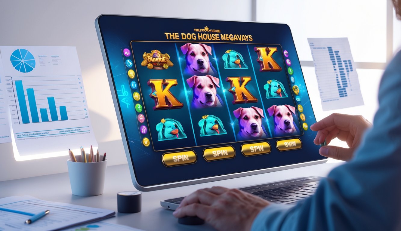 Seorang pemain fokus bermain game slot digital dengan simbol anjing dan gulungan Megaways di layar perangkat.