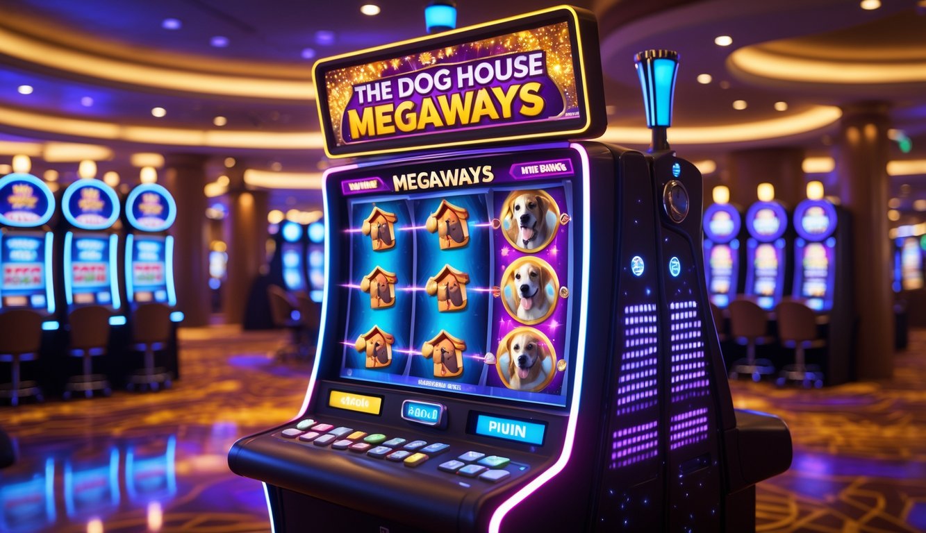 Mesin slot dengan simbol rumah anjing yang berwarna-warni dan lampu LED menyala di dalam kasino yang ramai.