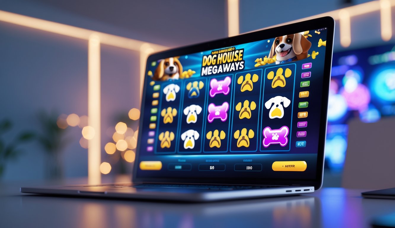 Layar komputer menampilkan permainan slot online bertema anjing dengan simbol warna-warni, di ruang kerja yang terang dan nyaman.